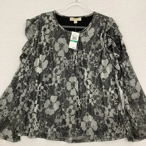 New Michael Michael Kors Gray White Floral Metallic Round Neck Ruffle Top Large - Picture 1 of 9